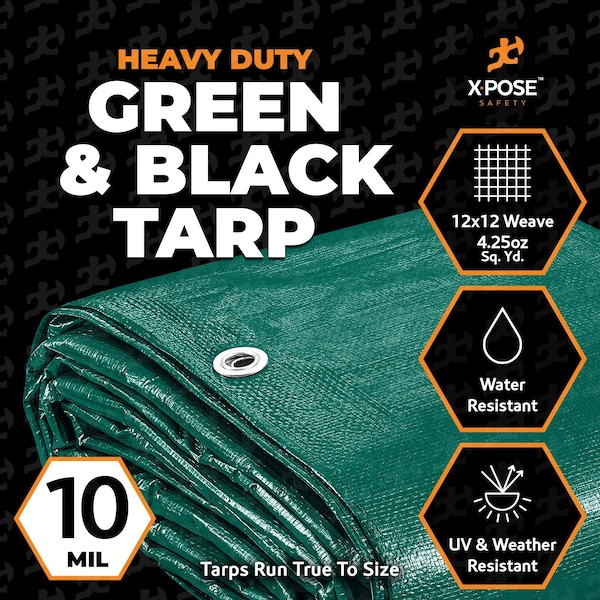 Heavy Duty Poly Tarp 20' X 20' -10 Mil Waterproof Green And Black - Grommets Reinforced Edges